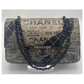 Chanel-CHANEL 2015 GRAFFITI NEWSPAPER MEDIUM CLASSIC DOUBLE FLAP BAG SO BLACK-Black,Silvery,Grey,Bronze