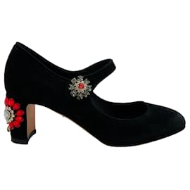 Autre Marque-Dolce & Gabbana Black Suede Mary Jane Pumps with Crystal Embellishments-Black