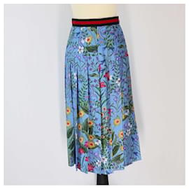 Gucci-Gucci Blue Floral Print Pleated Midi Skirt-Blue