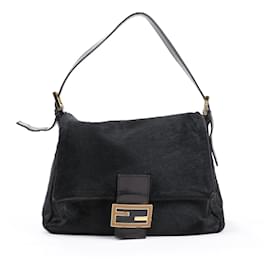 Fendi-FENDI Mamma Baguette in Black Pony-Style Calfskin and Gold Hardware Shoulder Bag-Black