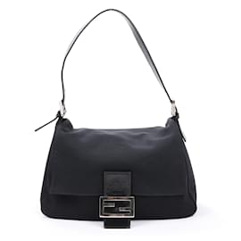 Fendi-FENDI Mamma Baguette in Black Cloth and Silver Hardware-Black