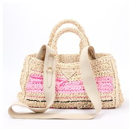 Prada-Prada Raffia Woven 2Way Tote Naturale Rosa Handbag-Beige