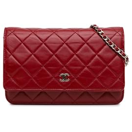 Chanel-Portefeuille Chanel en cuir d'agneau classique rouge sur chaîne-Rouge