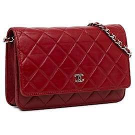 Chanel-Portefeuille Chanel en cuir d'agneau classique rouge sur chaîne-Rouge