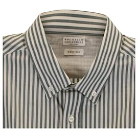 Brunello Cucinelli-Brunello Cucinelli Striped Button-Down Shirt in White and Blue Cotton-Blue,Light blue