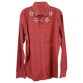 Givenchy-Givenchy Star-Print Gingham Check Long Sleeves Shirt in Red Cotton-Red