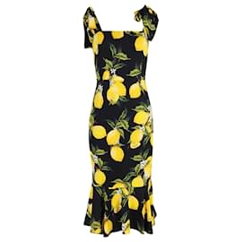 Dolce & Gabbana-Dolce & Gabbana Lemon Print Midi Dress in Yellow and Black Silk-Yellow