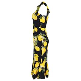 Dolce & Gabbana-Dolce & Gabbana Lemon Print Midi Dress in Yellow and Black Silk-Yellow