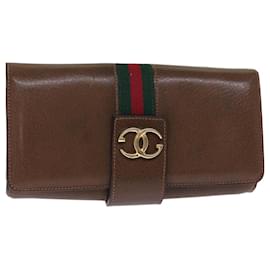 Gucci-GUCCI Web Sherry Line Clutch Bag Leather Brown Red Green Auth 75653-Brown,Red,Green