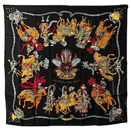 Hermès-Hermès Black Les Fêtes du Roi Soleil Silk Scarf-Noir