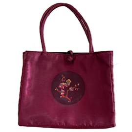 Autre Marque-Burgundy iridescent fabric tote bag embroidered with cherry blossoms 33 x 26.5 x 8.5 cm-Dark red
