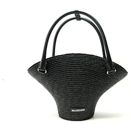Balenciaga-NEW BALENCIAGA SHOPPING BAG HANDBAG 744188 IN BLACK BRAIDED STRAW BAG-Black
