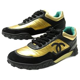 Chanel-NEW CHANEL G SHOES34086 37.5 GOLD LEATHER & BLACK SUEDE SNEAKERS SNEAKERS-Golden