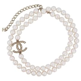 Chanel-NEW CHANEL NECKLACE LOGO CC & PEARLS NECKLACE 70-80 CM GOLD METAL NECKLACE-Cream