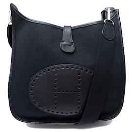 Hermès-SAC A MAIN HERMES EVELYNE 29 EN TOILE ET CUIR NOIR BANDOULIERE PURSE HAND BAG-Noir