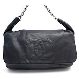 Chanel-CHANEL HANDBAG WITH FLAP LOGO CC LEATHER CAVIAR CHAIN LEATHER HANDBAG PURSE-Black