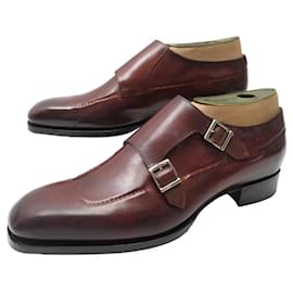 Santoni-SANTONI TAURUS SHOES 16105 8.5C 43.5 BI-BUCKLE PATINA LEATHER MOCCASINS-Brown