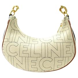 Céline-CELINE AVA HALF LUNE CANVAS HANDBAG 25CM BEIGE AND LEATHER HAND BAG PURSE-Beige