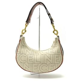 Céline-CELINE AVA HALF LUNE CANVAS HANDBAG 25CM BEIGE AND LEATHER HAND BAG PURSE-Beige