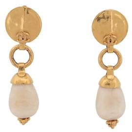 Chanel-VINTAGE BOUCLES D'OREILLES CHANEL 1998 PENDANTES LOGO CC PIERRE BLANCHE EARRINGS-Doré