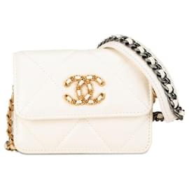 Chanel-Chanel 19 Mini Chain Shoulder Bag Lambskin White Gold Silver in Very Good Condition-White