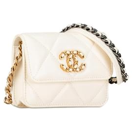 Chanel-Chanel 19 Mini Chain Shoulder Bag Lambskin White Gold Silver in Very Good Condition-White