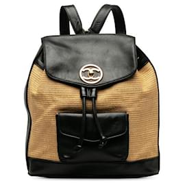 Chanel-Chanel Coco Mark Raffia Leather Backpack in Very Good Condition-Black