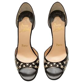 Christian Louboutin-Christian Louboutin black & white criss cross open toe heels stiletto pumps 37,5-Black