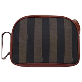 Fendi-FENDI Pecan Canvas Shoulder Bag Brown Black Auth 76475-Brown,Black