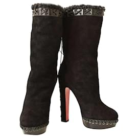 Christian Louboutin-Christian Louboutin Suede Shearling & Leather Trim Step N Roll Mid Calf Boots 37-Black