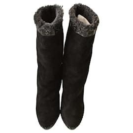 Christian Louboutin-Christian Louboutin Suede Shearling & Leather Trim Step N Roll Mid Calf Boots 37-Black
