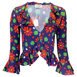 Saint Laurent-Saint Laurent Blue Rouge Vert Ruffled Floral Printed Crepe Blouse-Multiple colors