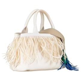 Prada-White Prada Feather Trimmed Canapa Satchel-White