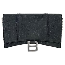 Balenciaga-BALENCIAGA Hourglass Wallet On Chain Black Glitter Clutch Shoulder Bag-Black