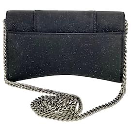 Balenciaga-BALENCIAGA Hourglass Wallet On Chain Black Glitter Clutch Shoulder Bag-Black