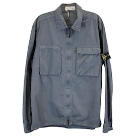 Stone Island-STONE ISLAND 11710 'Old' Treatment Zip Up Overshirt in Blue Cotton-Blue