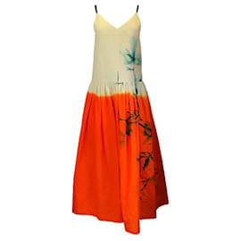 Dries Van Noten-Trocknet van Noten Elfenbein / Orangefarbenes, mehrfarbig bedrucktes ärmelloses Kleid aus Baumwolle und Leinen mit V-Ausschnitt-Mehrfarben