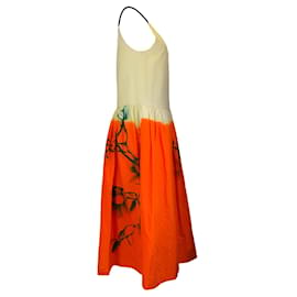 Dries Van Noten-Trocknet van Noten Elfenbein / Orangefarbenes, mehrfarbig bedrucktes ärmelloses Kleid aus Baumwolle und Leinen mit V-Ausschnitt-Mehrfarben
