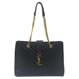 Saint Laurent-Black Saint Laurent Quilted Grain de Poudre Monogram Tote-Black