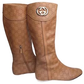 Gucci Vintage Beige Monogram GG Logo Lederstiefel Beige Sand