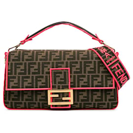 Fendi-Grand cartable baguette Fendi marron à bordure fluo Zucca-Marron