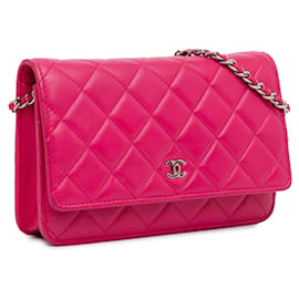 Chanel-Portefeuille en cuir d'agneau classique Chanel rose sur sac à bandoulière chaîne-Rose