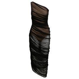 Black & Beige Norma Kamali One-Shoulder Ruched Dress Size US S Black