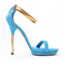 Gucci-Bleu Gucci/Sandales à plateforme Kelis en daim doré et cuir python Taille 38.5 UE-Bleu