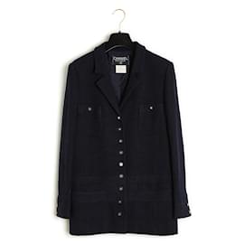 Chanel-Chanel PE1996 Jacket FR42 Navy Wool Bouclette CC Blazer UK 14 US12-Navy blue