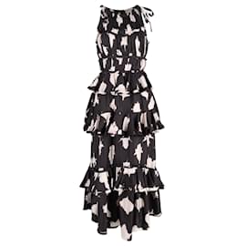 Ulla Johnson-Ulla Johnson Serafina Tiered Polka Dot Maxi Dress in Black Silk -Black