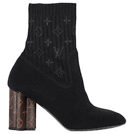 Louis Vuitton-Bottines Louis Vuitton Monogram Silhouette en tissu brodé noir et cuir marron-Noir