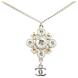 Chanel-Chanel Silver Palladium Plated CC Crystal Pendant Necklace-Silvery