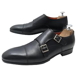 Santoni-SANTONI SHOES BI-BUCKLE MOCCASINS 14549 7 42 BLACK LEATHER LOAFERS SHOES-Black