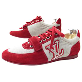 Louis Vuitton-CHAUSSURES LOUIS VUITTON BASKETS LOGO LV 7.5 42.5 FR EN DAIM ROUGE & TOILE-Rouge